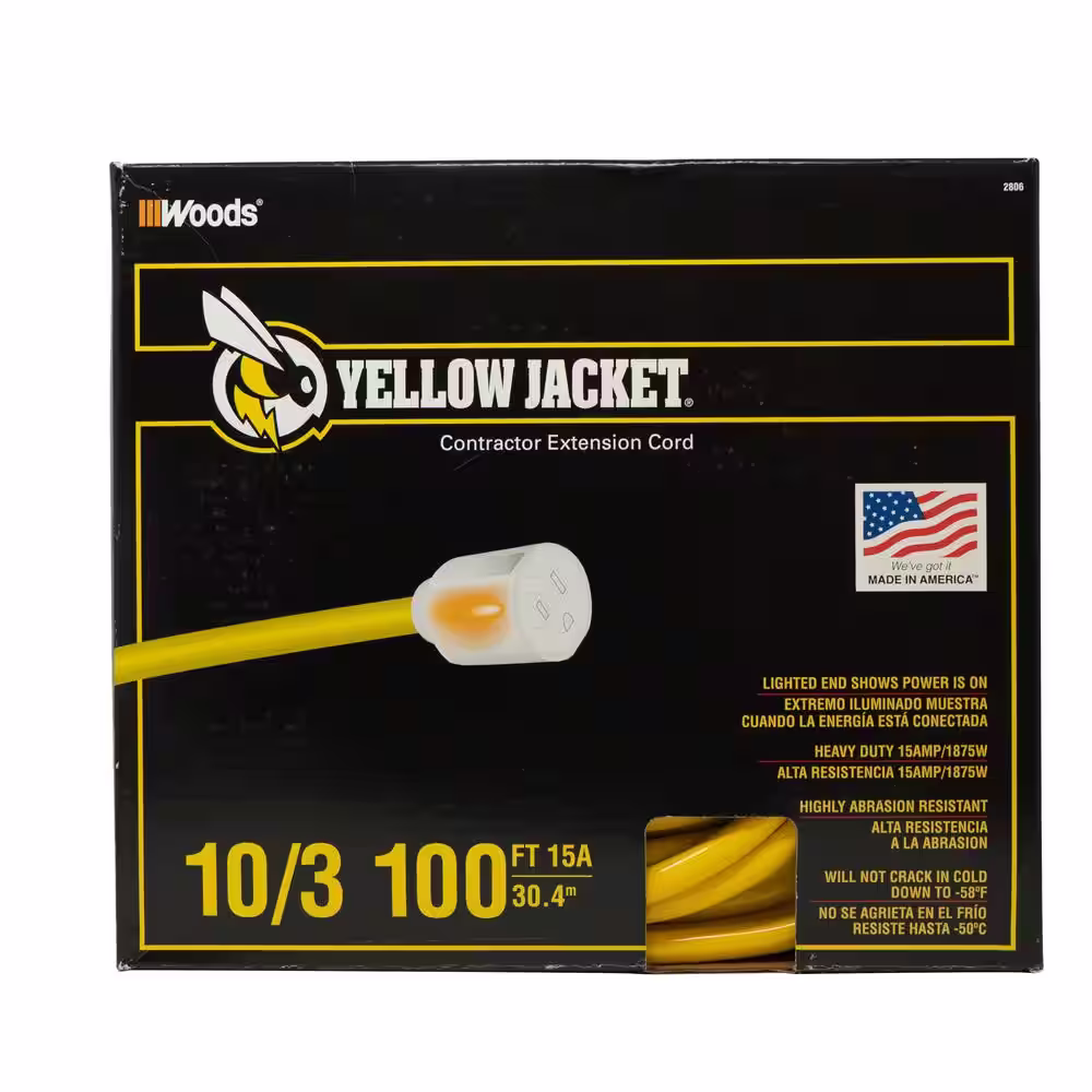 Yellow Jacket 100 ft. 10/3 SJTW Outdoor Heavy-Duty Extension Cord with Power Light Plug