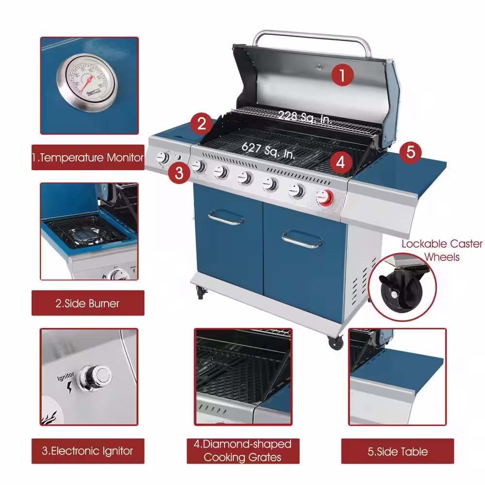Royal Gourmet 6-Burner Propane Gas Grill in Blue with Sear Burner and Side Burner