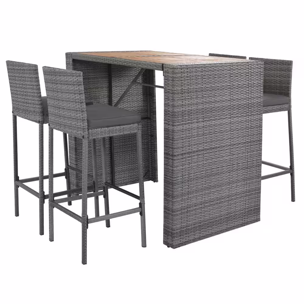 None Gray Rattan Wicker Outdoor Bistro Set with Gray Cushions (5-Piece )