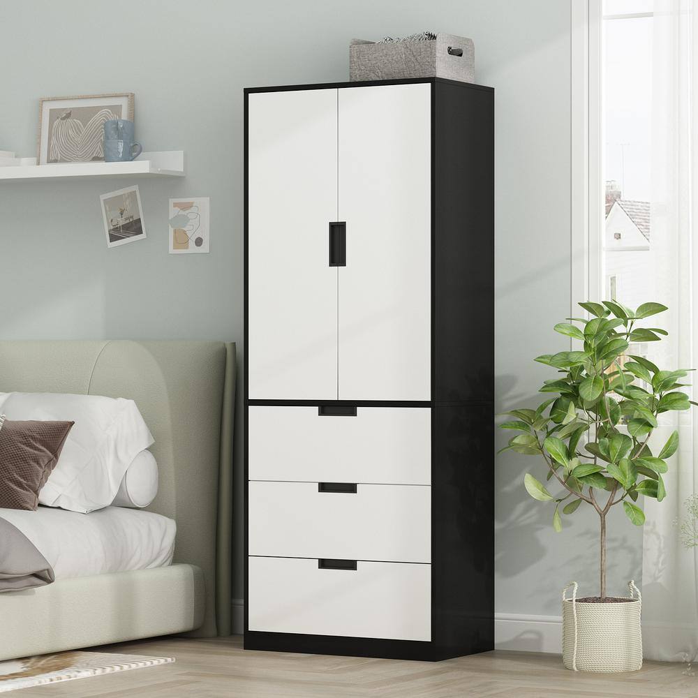 FUFU&GAGA White Wood 27.6 in. W Armoires Wardrobe With Sliding Hanging Rods, 3 Drawers (15.7 in. D x 27.6 in. W x 70.9 in. H)