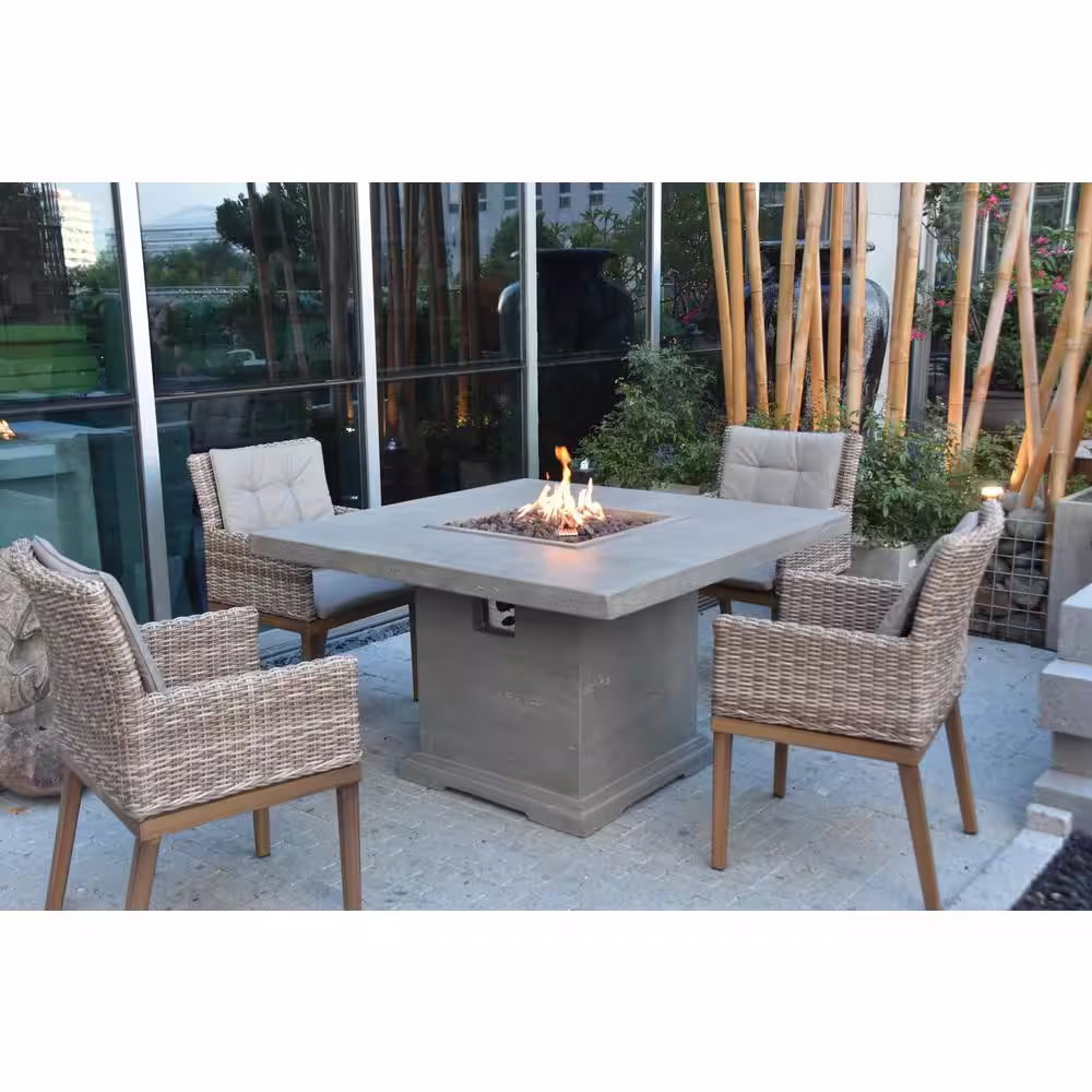 Elementi Birmingham 48 in. x 30 in. Square Concrete Propane Fire Pit Dining Table in Light Gray with Travertine