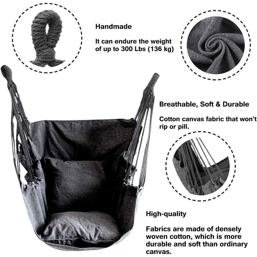None Hammock Chair Hanging Rope Swing, Max 300 lbs. Hanging Chair with Pocket- Quality Cotton Weave (Dark Gray)