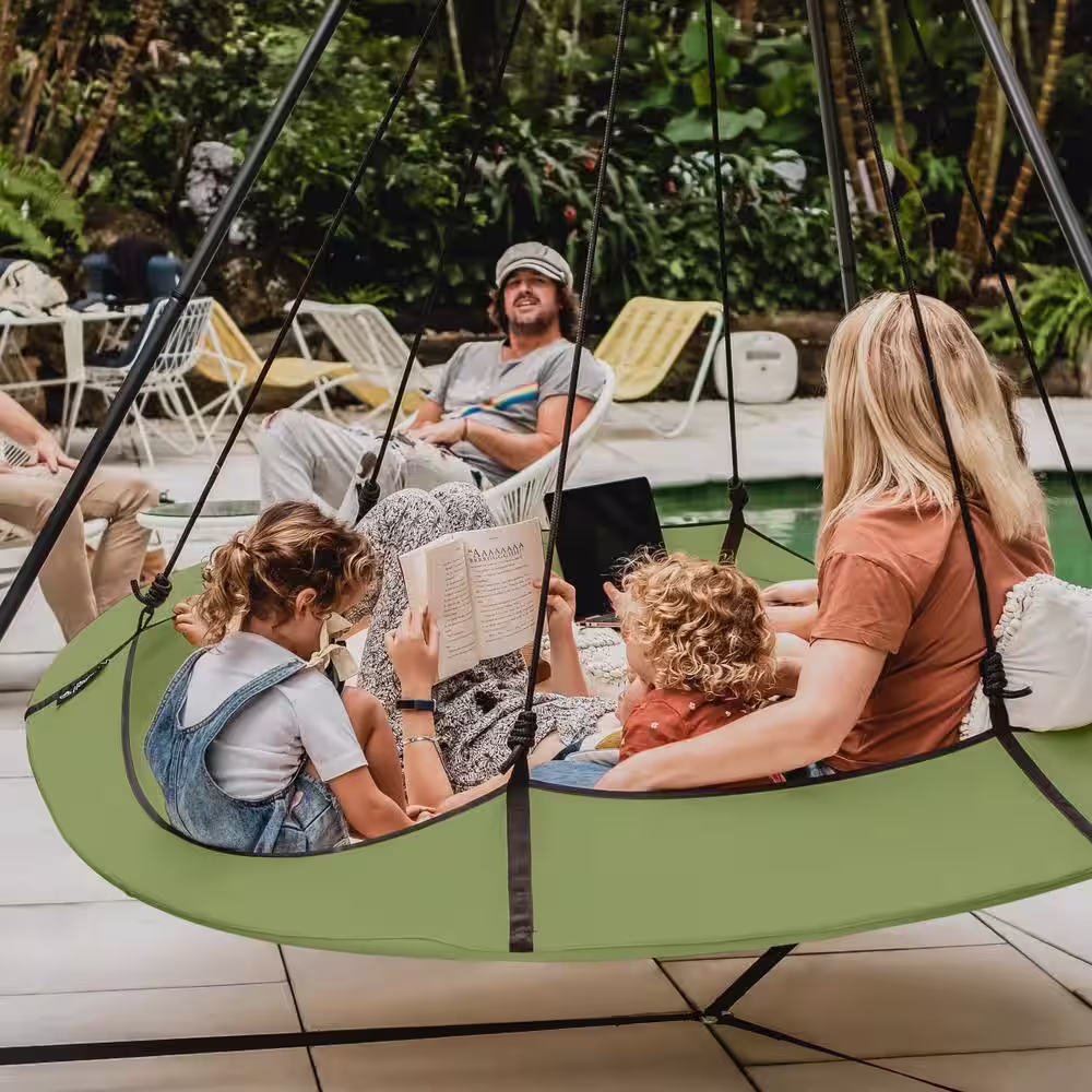 HANGOUT POD 6 ft. Portable Circular Family Hammock Bed with Stand in Sage Green and Black