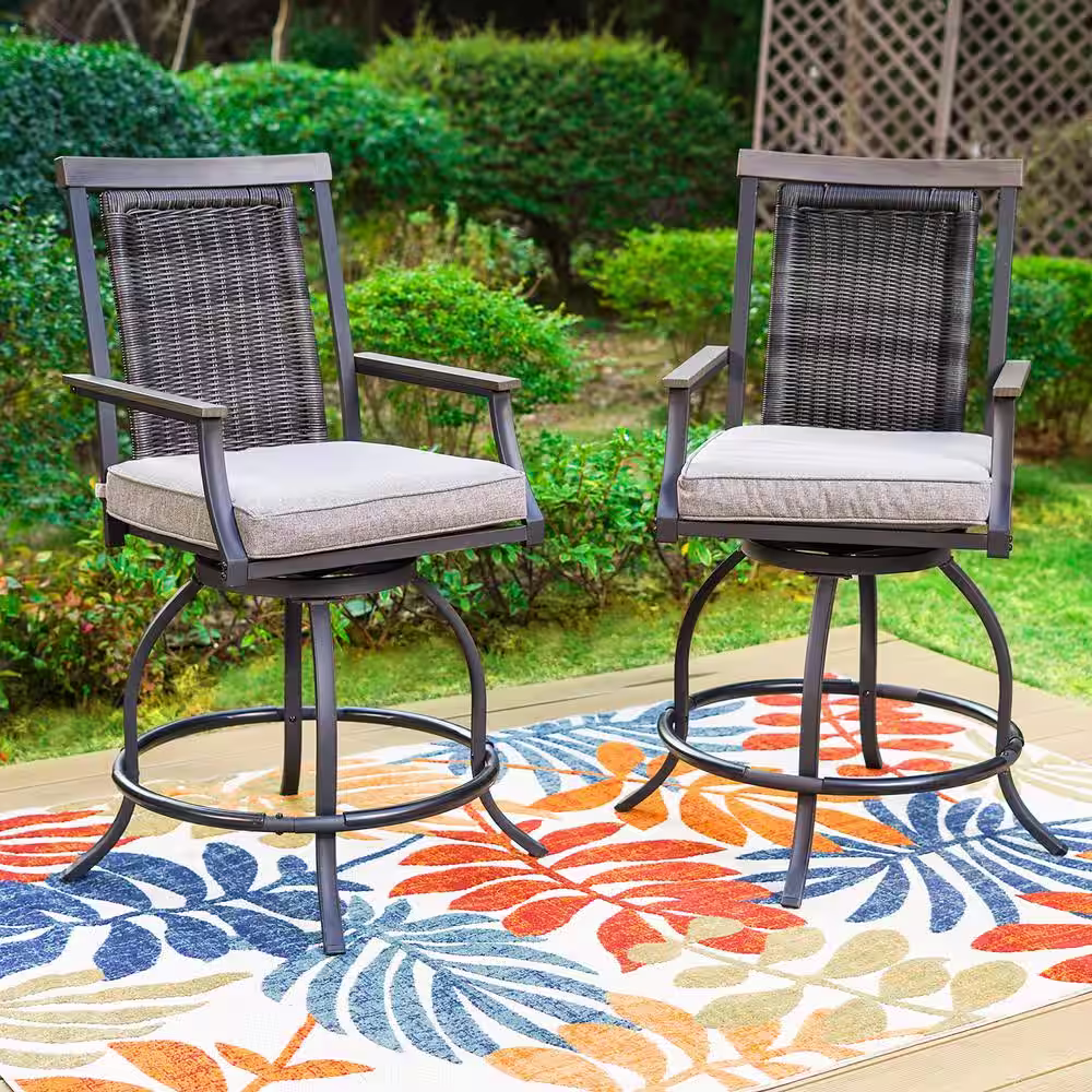 None 5-Piece Metal Bar Height Outdoor Bistro Set with Rectangle Metal Table and Rattan Bistro Chairs with Gray Cushion