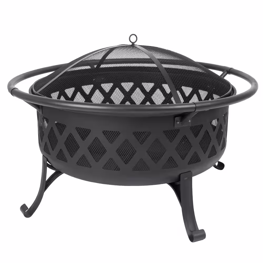 Pleasant Hearth Traverse 35 in. x 24.21 in. Round Steel Wood Burning Black Fire Pit