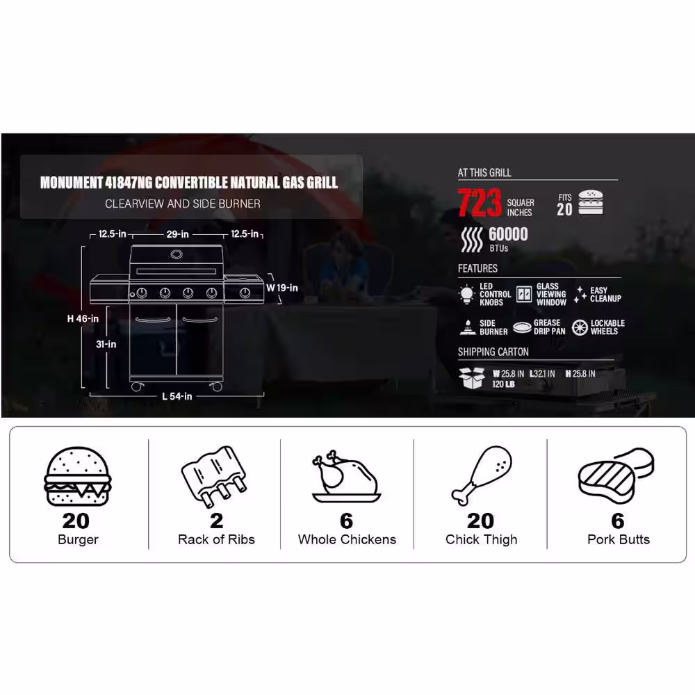 Monument Grills 4-Burner Propane Gas Grill in Stainless with Clear View Lid, LED Controls and Side Burner