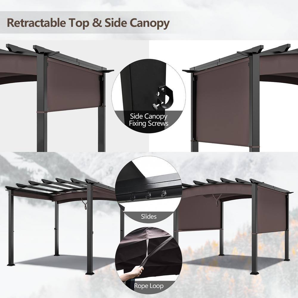 Costway 10 ft. x 10 ft. Brown Steel Patio Pergola Gazebo Sun Shade Shelter with Retractable Canopy
