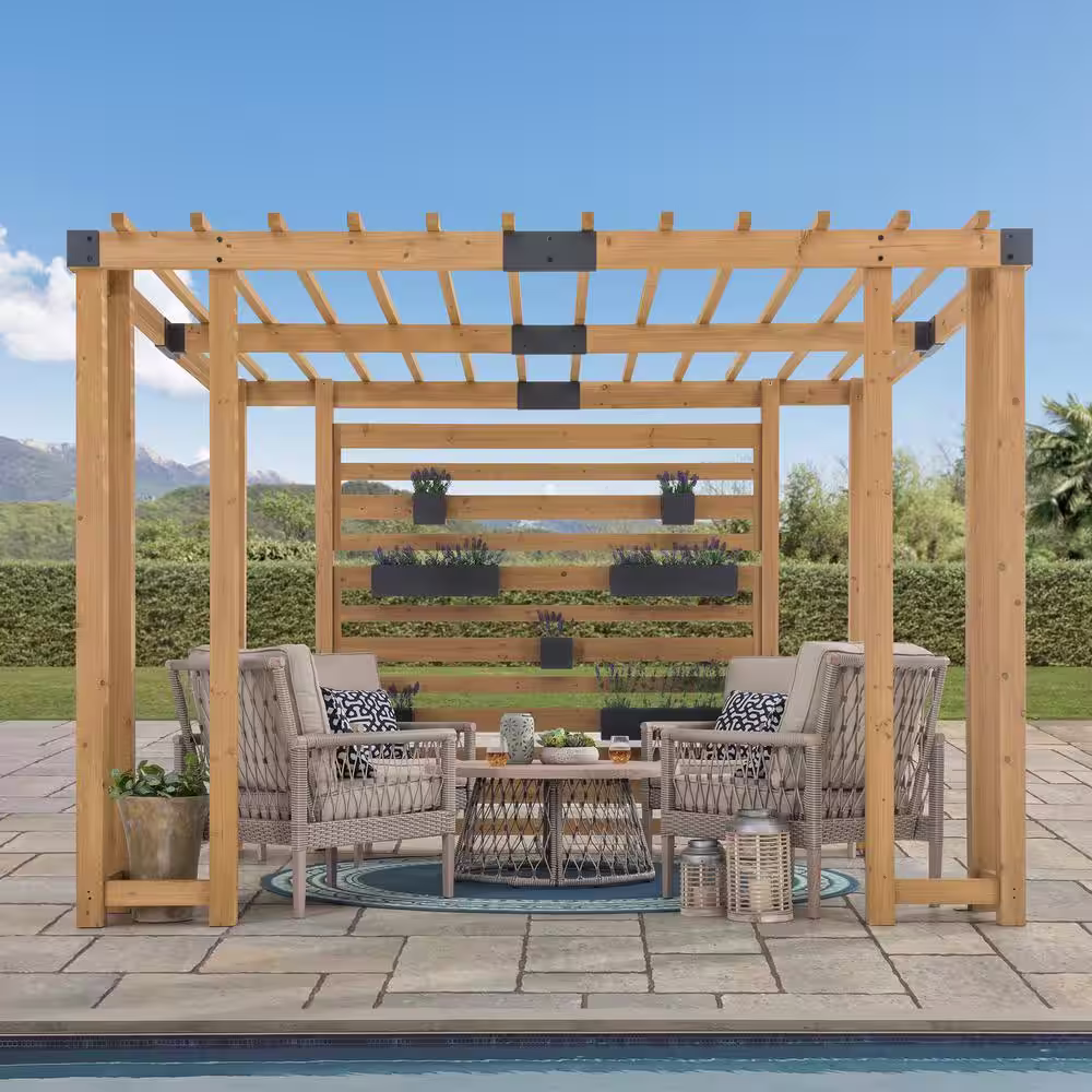 Sunjoy Sophia 10 ft. x 10.5 ft. Cedar Wood Pergola with Adjustable Hanging Planters