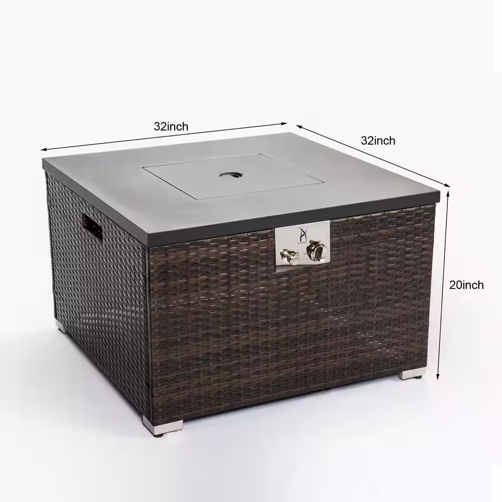 None Dark Brown Square Wicker Fire Pit Table Propane Fire Table with Glass Rocks