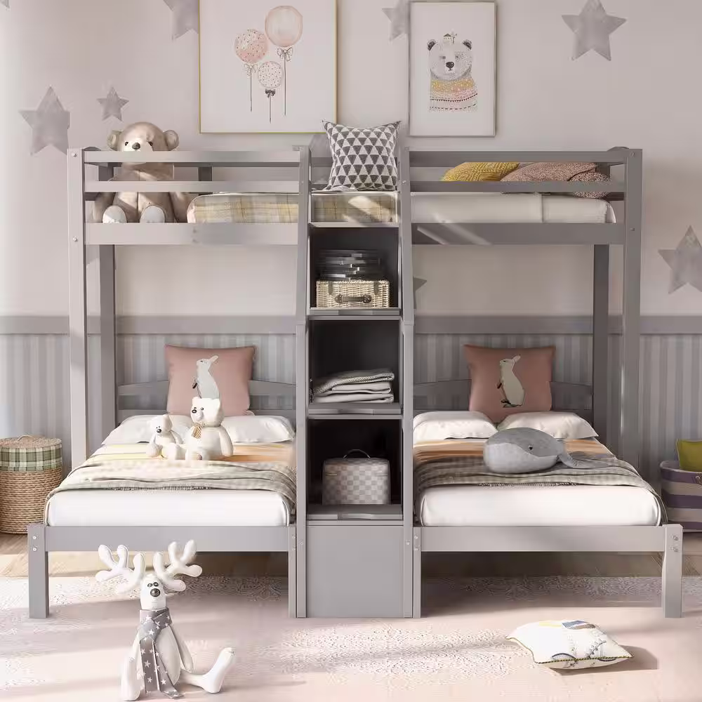 Harper & Bright Designs Gray Twin over Twin and Twin Bunk Bed with Built in Staircase and Little Drawer