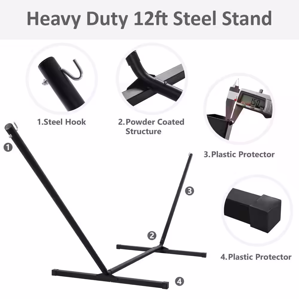 Atesun 12 ft. Free Standing, 475 lbs. Capacity, Heavy-Duty 2-Person Hammock with Stand and Detachable Pillow in Dark Grey