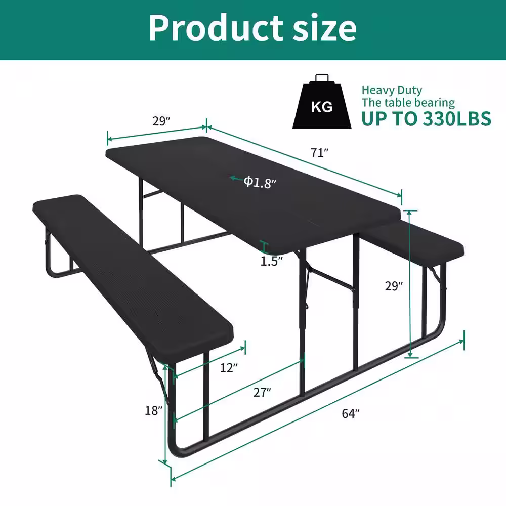 None 6 ft. Black Rectangular HDPE Folding Picnic Table and Bench with Umbrella Hole
