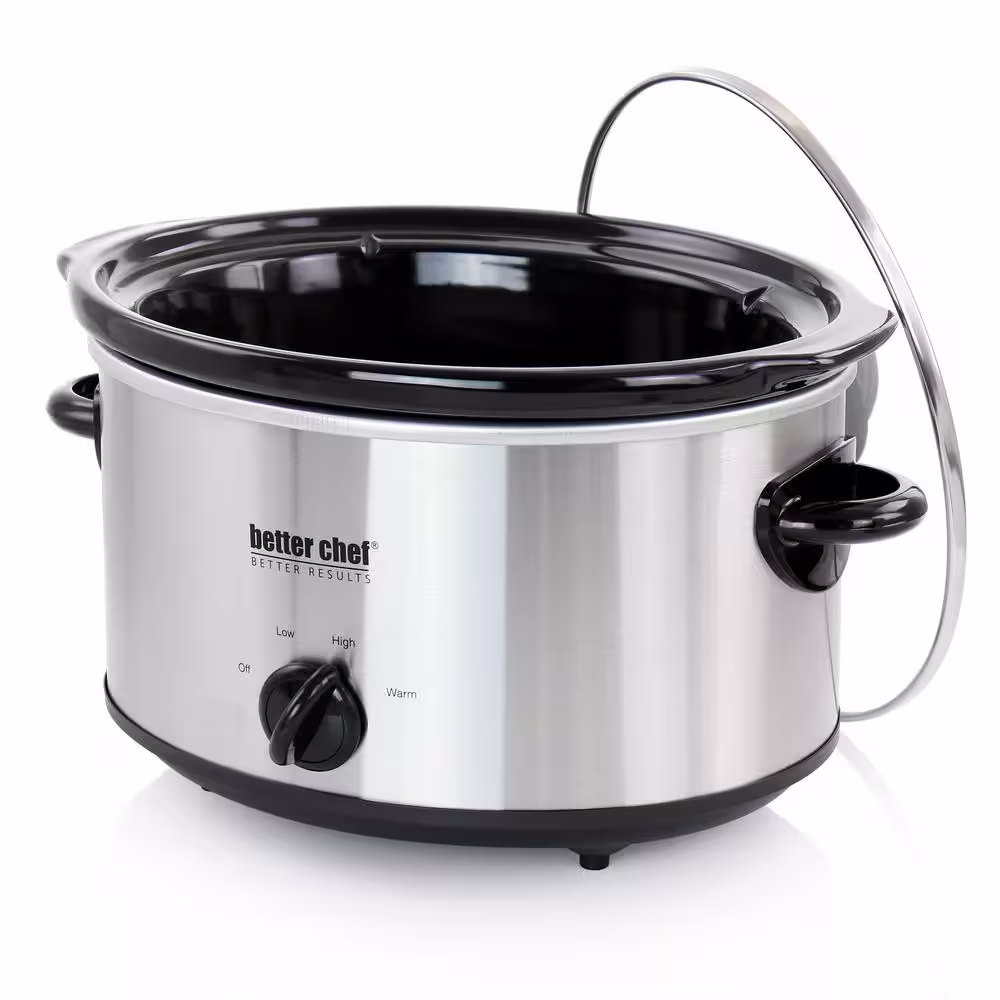 Better Chef 4 qt. Oval Slow Cooker with Removable Stoneware Crock in Silver Stainless Steel