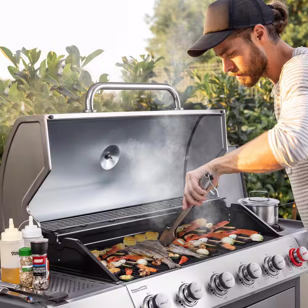 Royal Gourmet 6-Burner BBQ Stainless Steel Gas Grill with Sear and Side Burners, Liquid Propane Cabinet Style Gas Grill, 71,000 BTU
