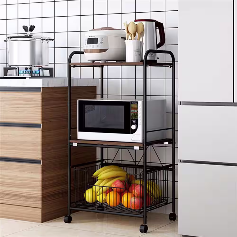 None Black Rolling 3-Tier Metal Wooden Shelving Unit with Basket (19.6 in. W x 43.3 in. H x 14.5 in. D)