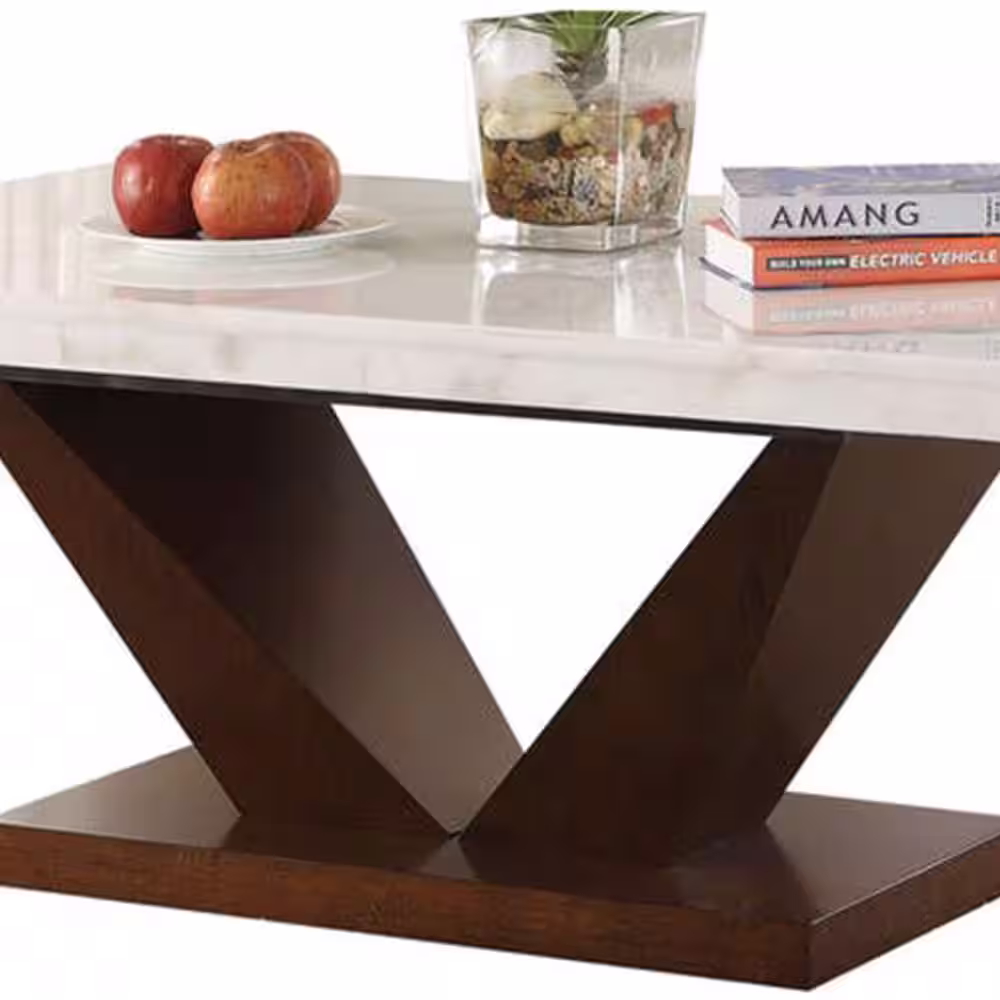 Benjara Walnut Brown and White Marble Top Pedestal Base Dining Table Seats 6