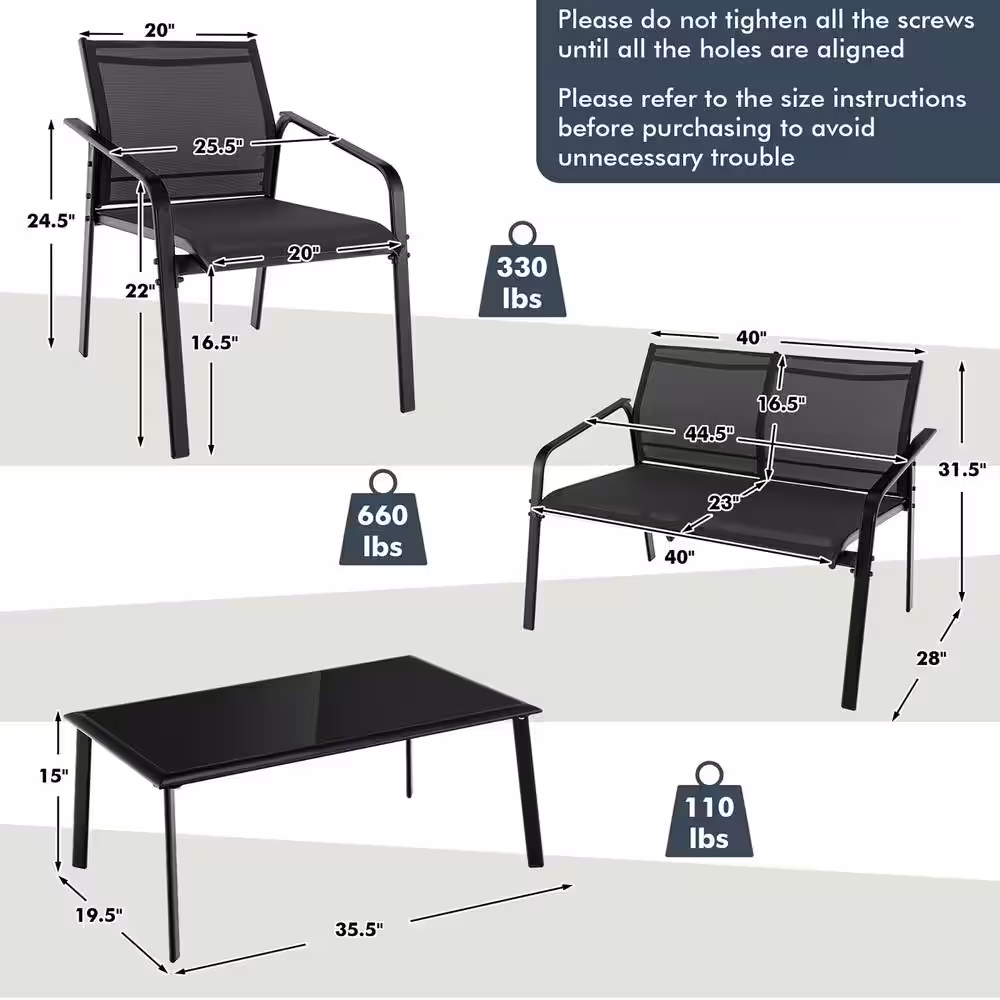 Costway 4-Piece Metal Patio Conversation Set Loveseat Sofas Armrest Glass Table Deck Black