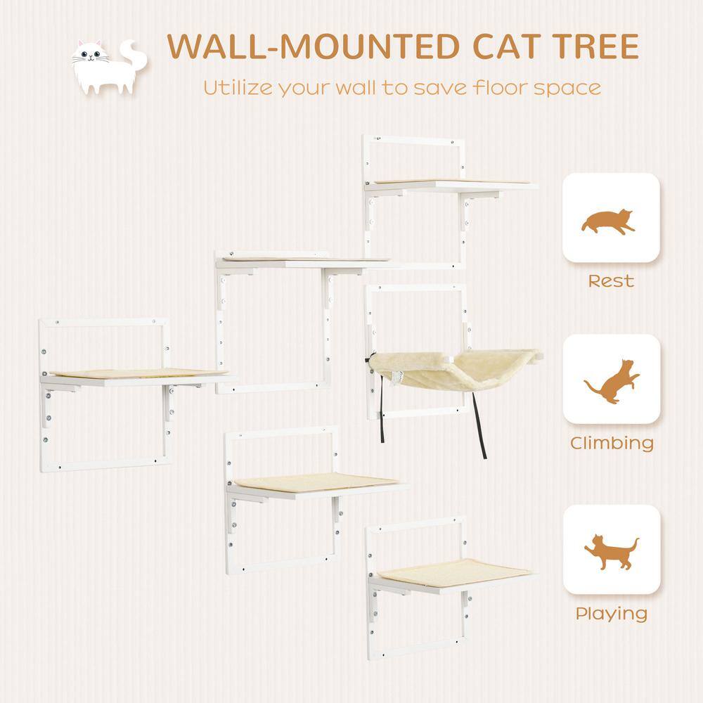 PawHut 6PCs Modern Cat Wall Shelves, Steel Wall-mounted Climbing Shelf Set, Height Adjustable Kitten Activity Center, Cream