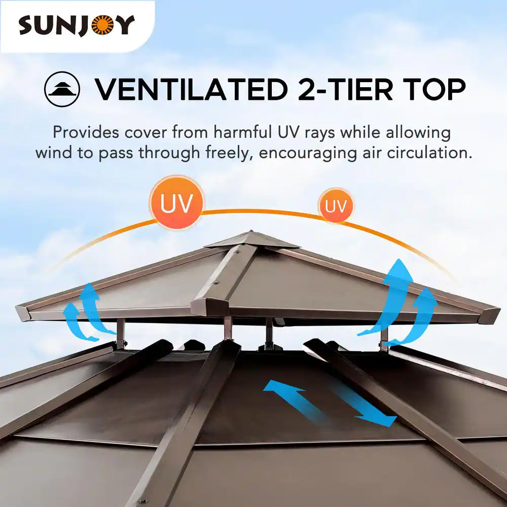 Sunjoy Myla 11 ft. x 11 ft. Cedar Gazebo with Brown Steel 2-Tier Hip Roof Hardtop