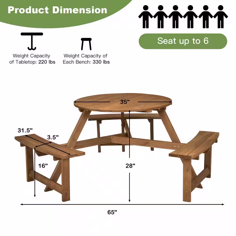 None 65 in. Dia 6-Person Round Wooden Picnic Table with Umbrella Hole and 3 Built-in Benches