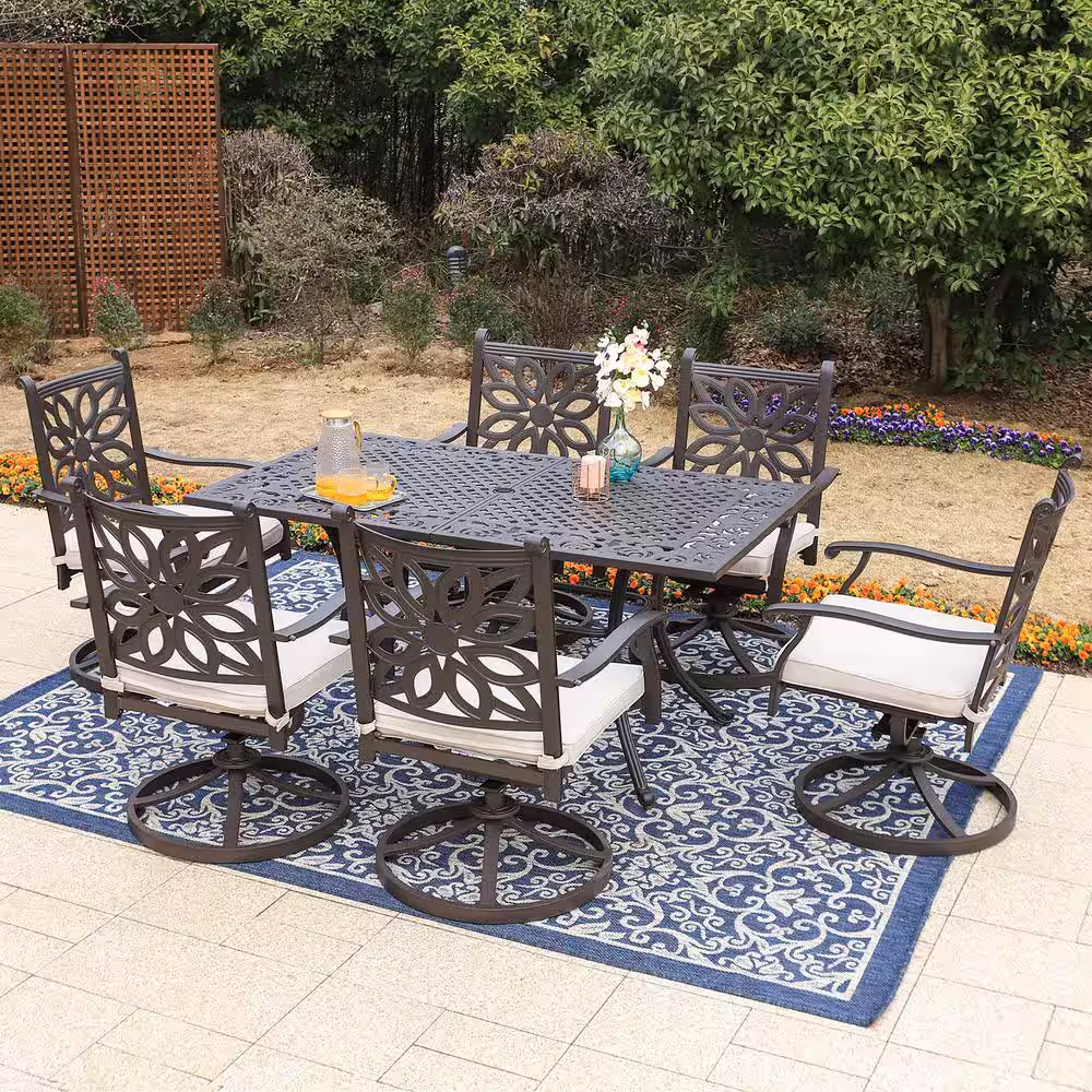 None Brown 7-Piece Cast Aluminum Patio Outdoor Dining Set with Rectangle Table and Swivel Chairs with Beige Cushion