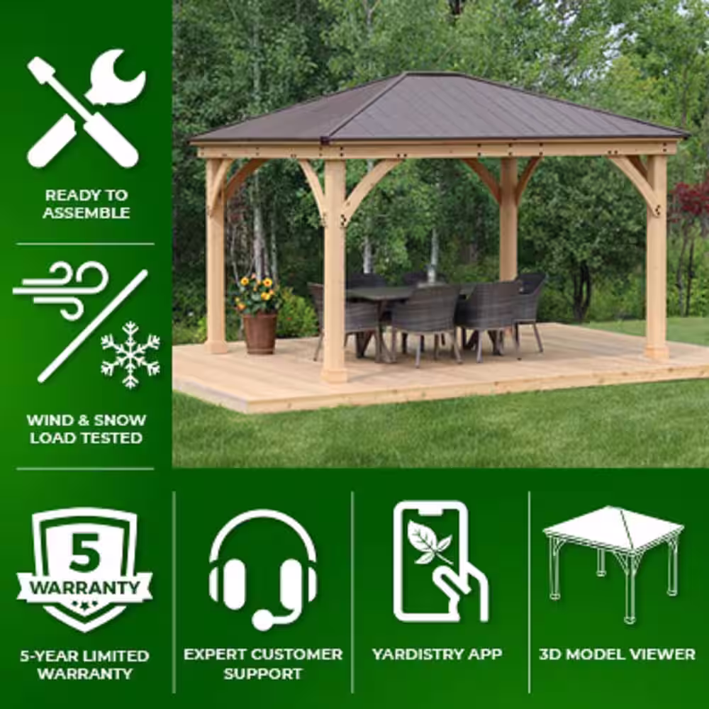 Yardistry Meridian 12 ft. x 14 ft. Premium Cedar Outdoor Patio Shade Gazebo with Architectural Posts and Brown Aluminum Roof