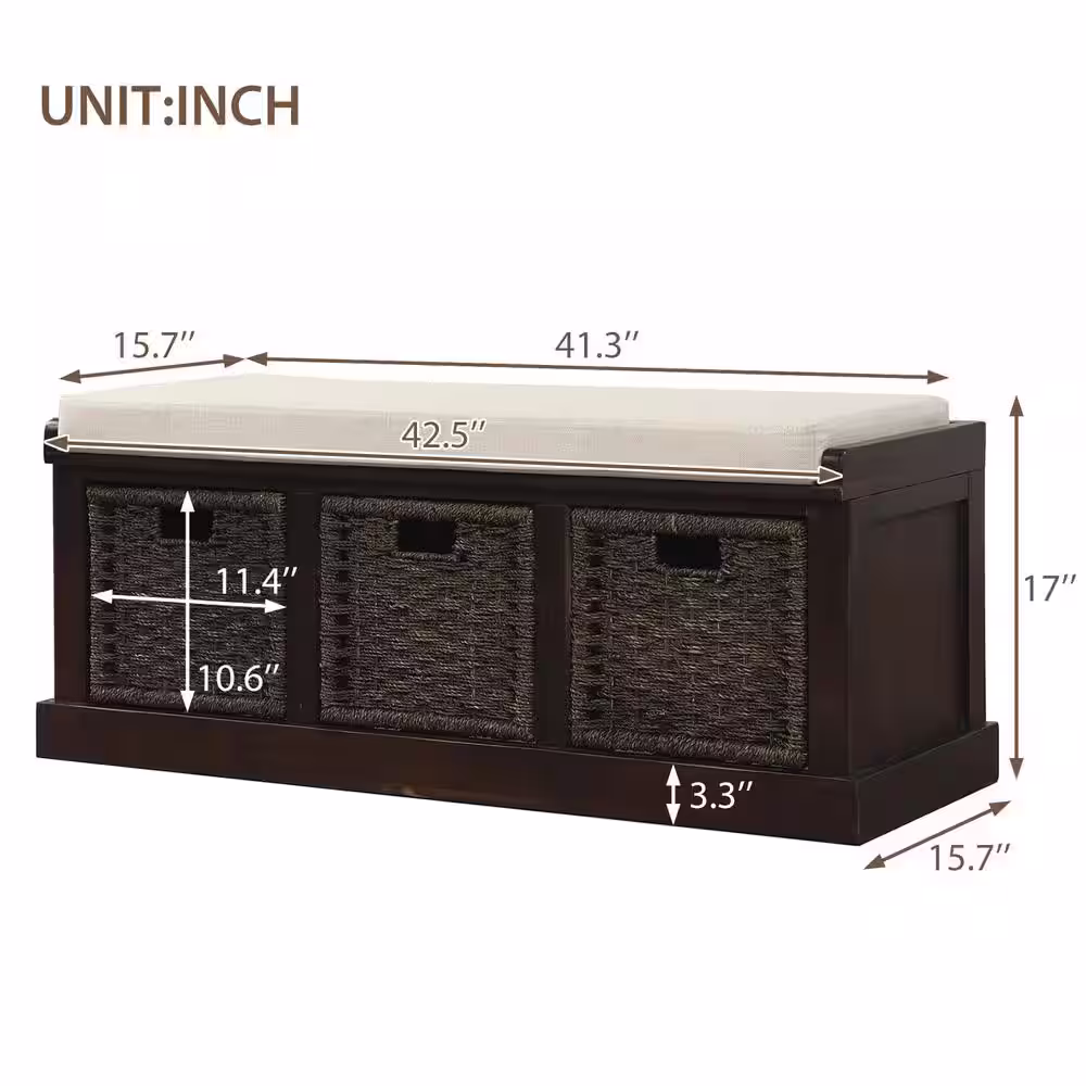 Harper & Bright Designs Espresso Entryway Storage Bench with Removable Cushion and 3-Removable Classic Fabric Basket