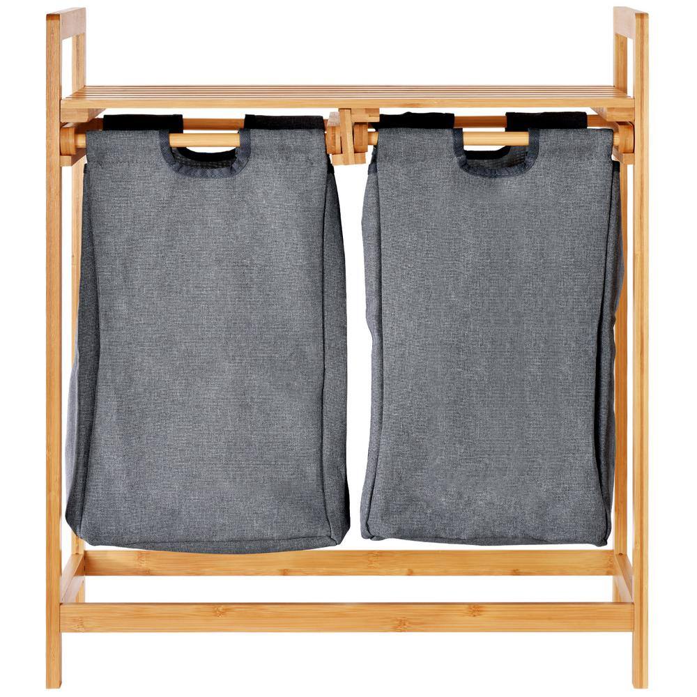 TOILETTREE Bamboo Laundry Hamper with Dual Compartments Two-Section Laundry Basket with Removable Sliding Bags & Shelf