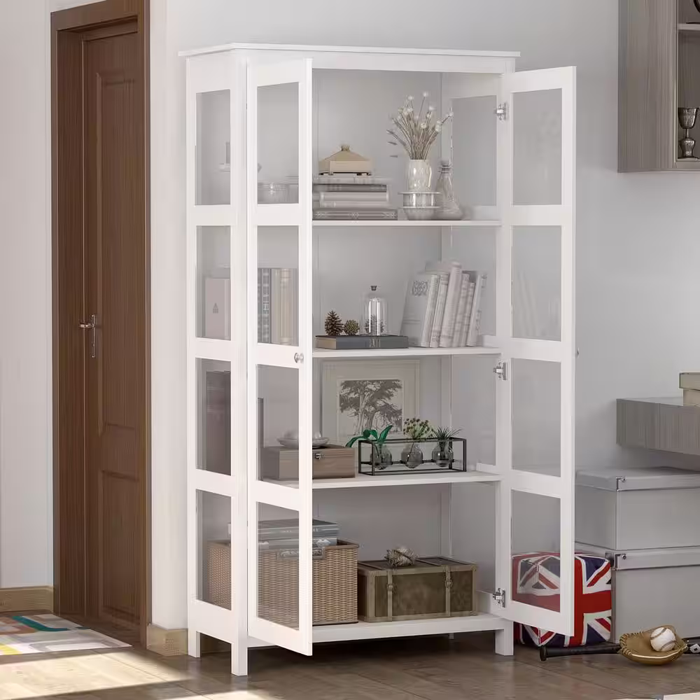 None 35.4 in. Wide x 70.9 in. Height White Wood 4-Tier Shelves Accent Bookcase Bookshelf with 2 Doors