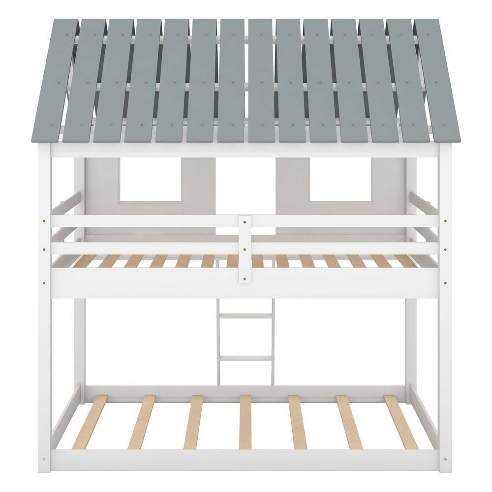 Harper & Bright Designs White Twin Over Twin Low Bunk Bed with Roof and 2 Front Windows