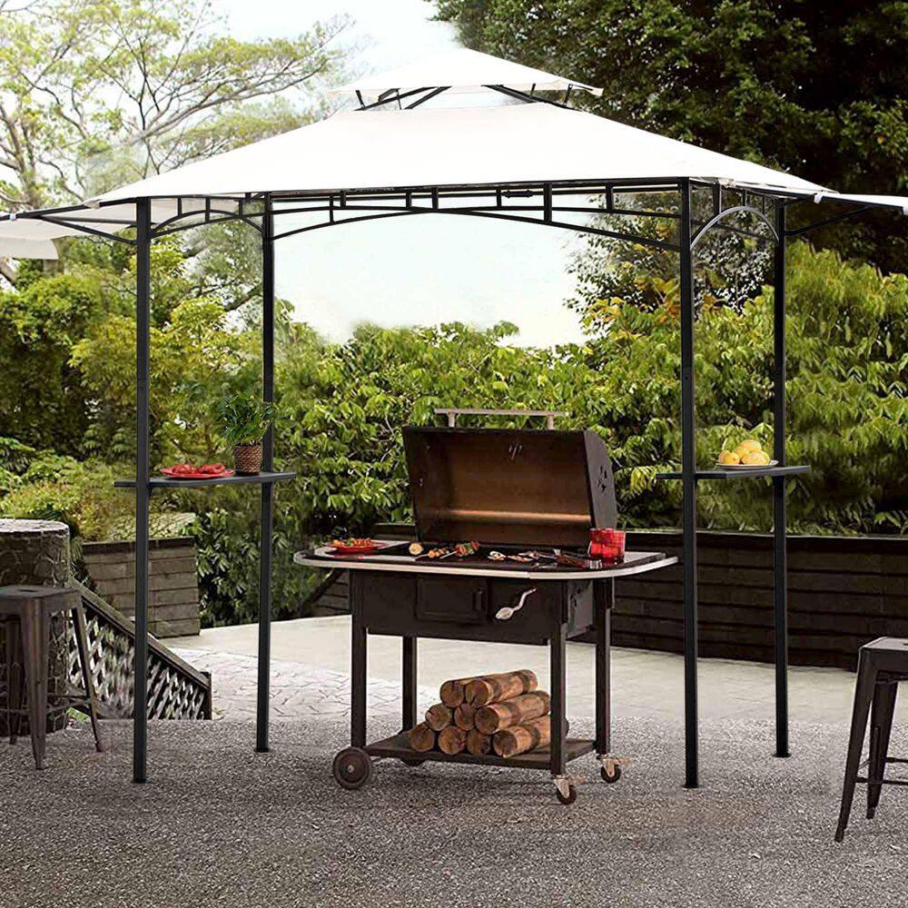 Tunearary 13 ft. x 4.5 ft. Iron Backyard BBQ Grill White Gazebo with Bar Counters Extendable Shades