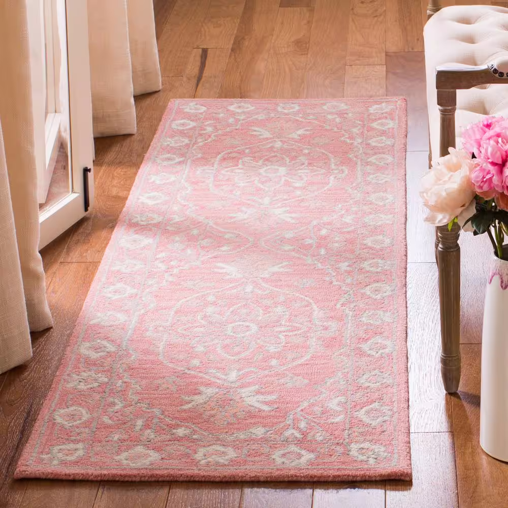 SAFAVIEH Micro-Loop Pink/Ivory 2 ft. x 11 ft. Floral Border Runner Rug