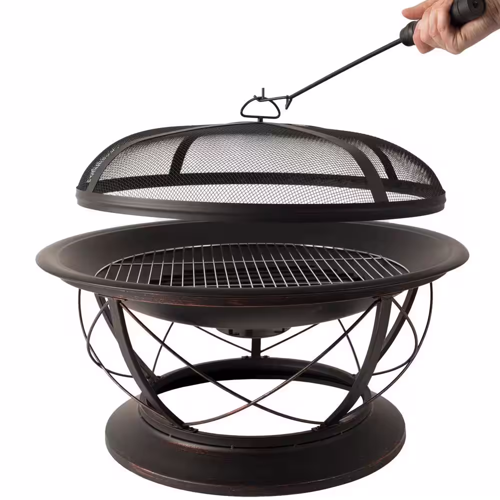 Pleasant Hearth Palmetto 30 in. x 19 in. Round Steel Wood Fire Pit in Rubbed Bronze with Cooking Grid