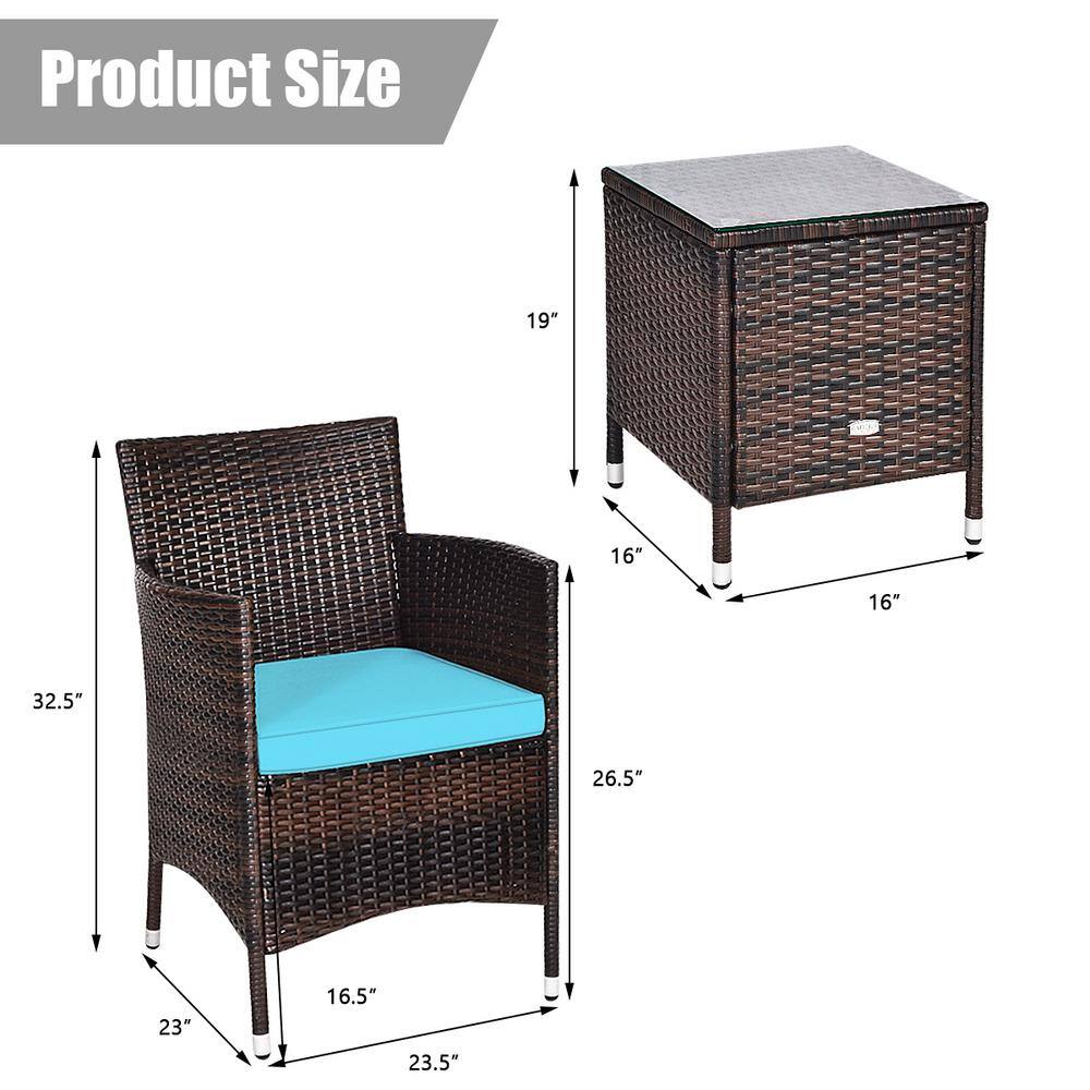 None 3-Piece Plastic Wicker Patio Conversation Set with Turquoise Cushions