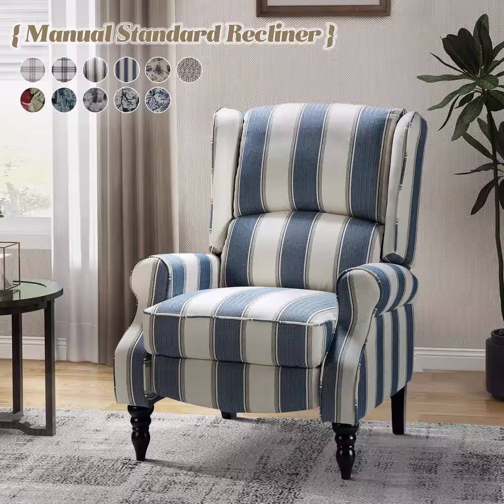 JAYDEN CREATION Bogazk Modern Stripe Navy Polyester Pattern Manual Recliner with Wingback and Rubber Wood Legs