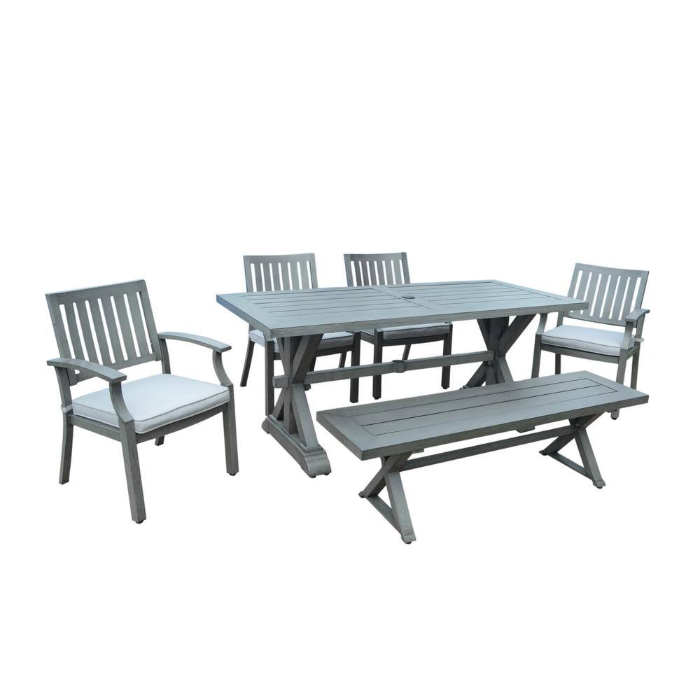 Noble House Lombok 29.50 in. Dark Grey 6-Piece Aluminum Rectangular Outdoor Dining Set with Silver Cushions