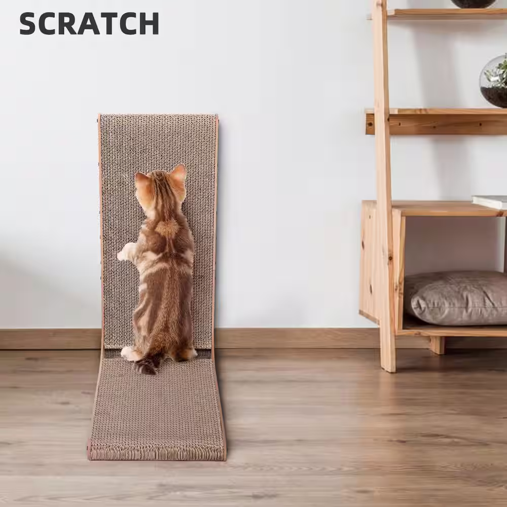 None kitten Cat Scratcher with Cat Toys Ball Track Build-in Ball L-Shaped Scratcher Cardboard Lounge Bed