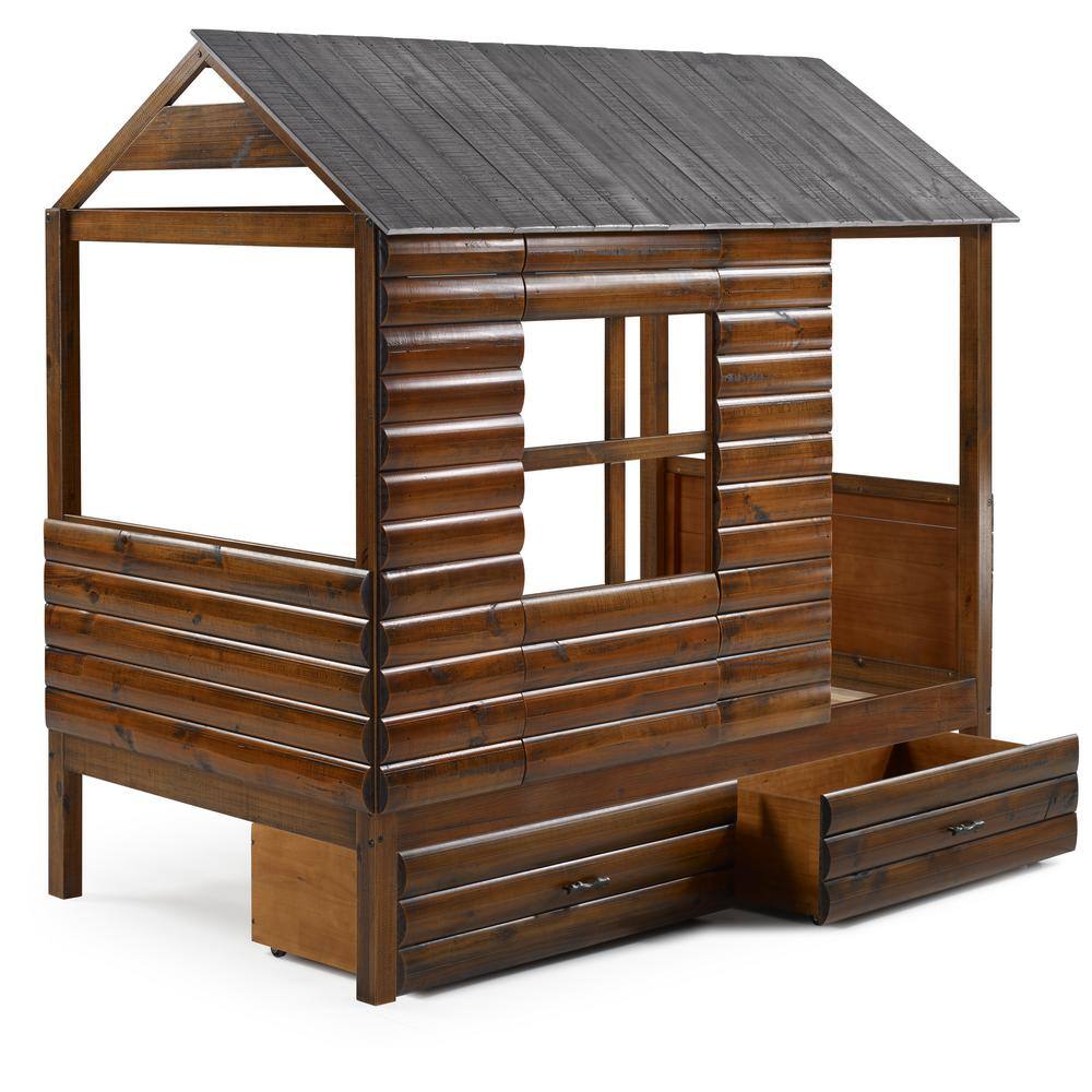 Donco Kids Log Cabin Rustic Walnut and Silver Twin Low Loft Bed with Dual Underbed Drawers