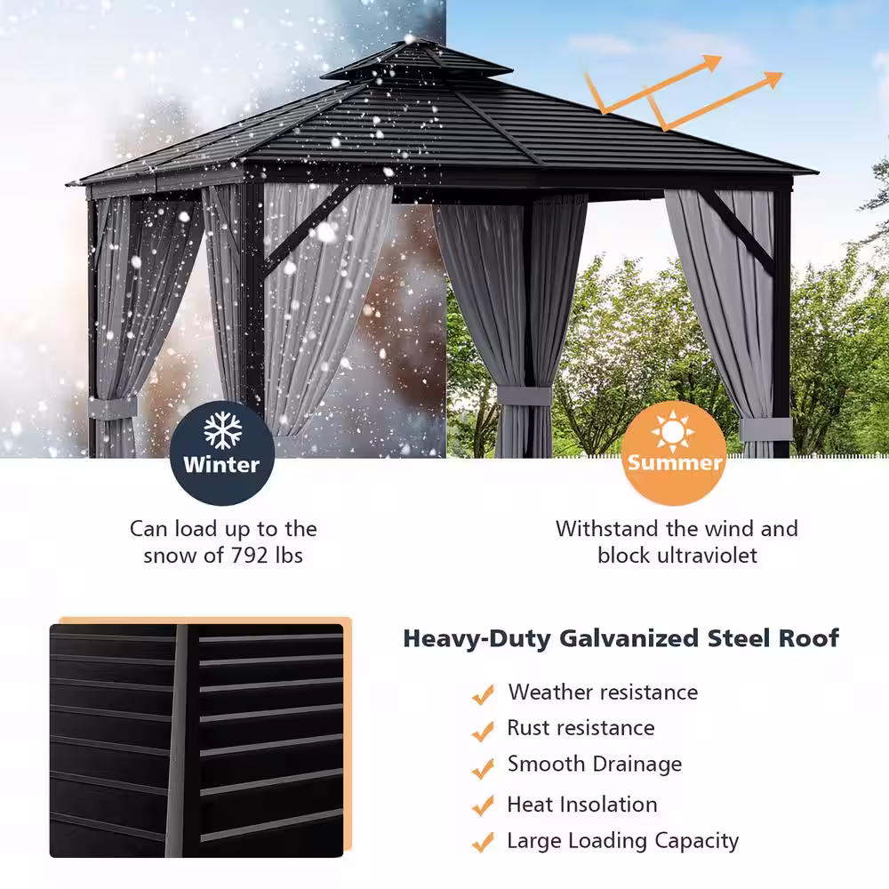 Costway 10 ft. x 10 ft. Patio Double-Top Hardtop Gazebo Galvanized Steel Roof Aluminum Frame