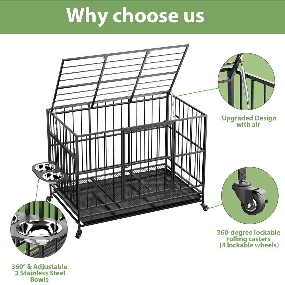 None 49 in. Heavy-Duty Dog Crate Cage Kennel with Wheels/360Â° and Adjustable 2 Alloy Bowls/Unique Air Lift Rod