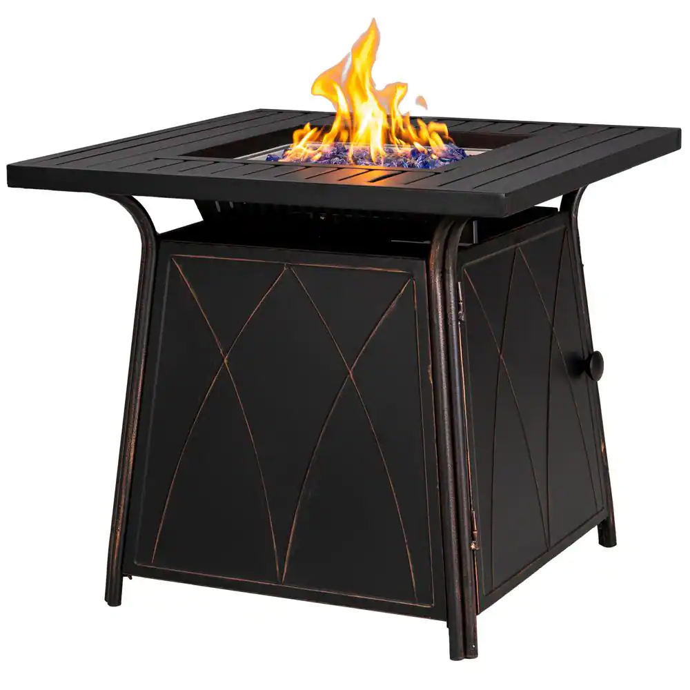 None 28.3 in. x 24.8 in. 50,000 BTU Square Metal Gas Fire Pit Table with Lid and Blue Fire Glass