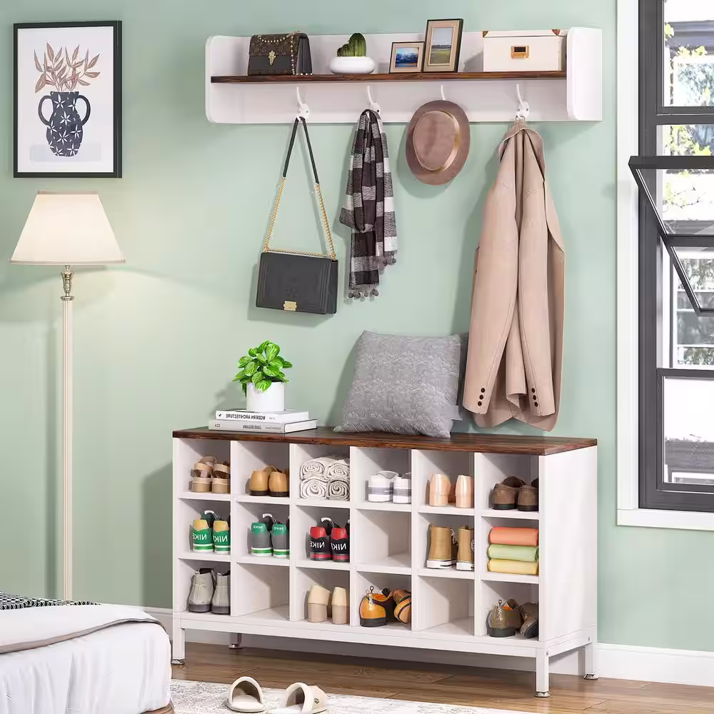 None Carmalita Black and Gray Hall Tree with Shoe Cubby and Coat Rack, Shoe Rack Bench with Wall Mounted Shelf and Hooks