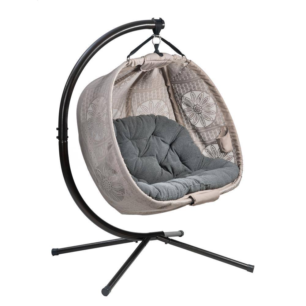 None 66 in. H x 50 in. W x 43 in. D Beige Hanging Pumpkin Chair Hammock with Cushion, C Type Bracket, and Dreamcatcher Design