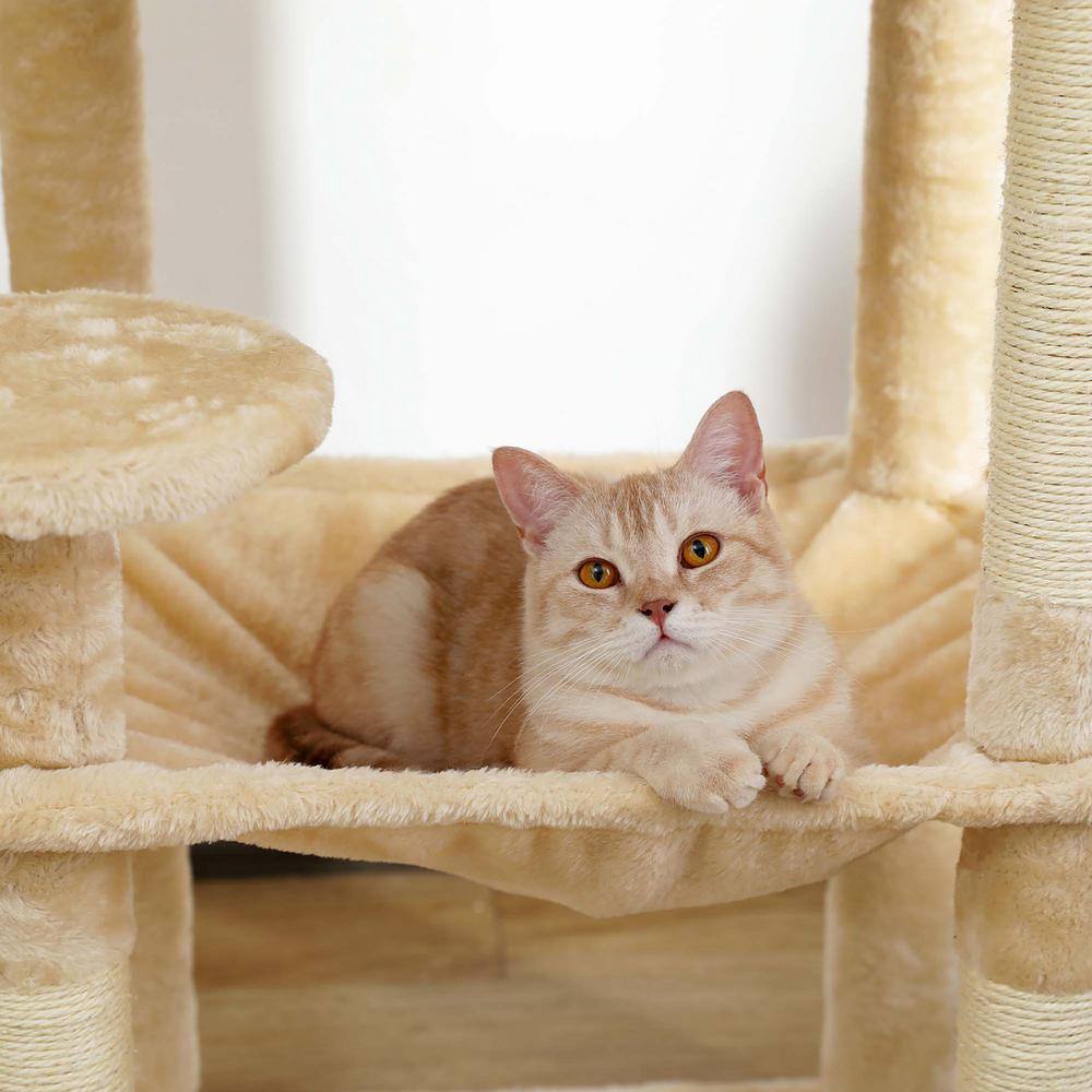 Foobrues Beige Plush Sisal Scratcher Cat Tree Cat House