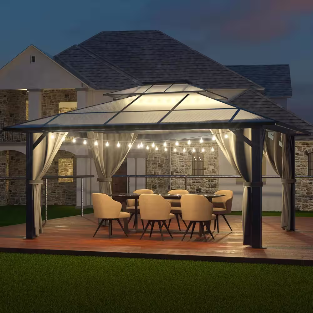VEIKOUS 13 ft. x 10 ft. Polycarbonate Double Top Gazebo with Gray Curtains and Netting
