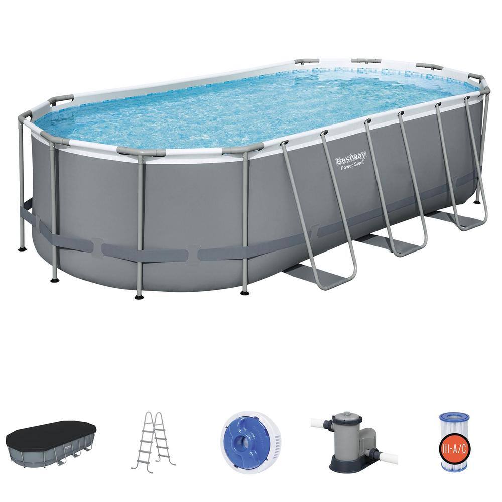 None 18 ft. x 9 ft. Oval-Shaped 48 in. D Above Ground Pool Set with Pump and Cleaning Kit, Metal Frame Pool