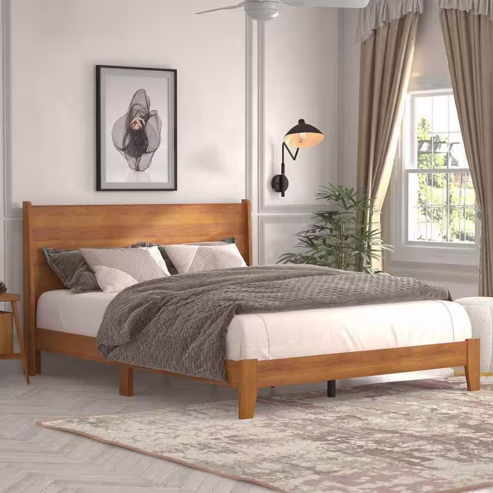 GALANO Abby Retro Amber Walnut Wood Frame Queen Bed With Headboard