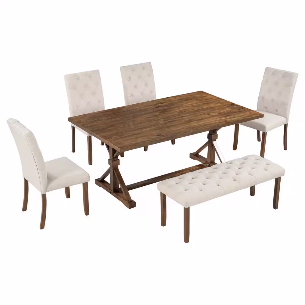 Nestfair Walnut 6-Piece Farmhouse Dining Table with 4 Upholstered Chairs with Bench