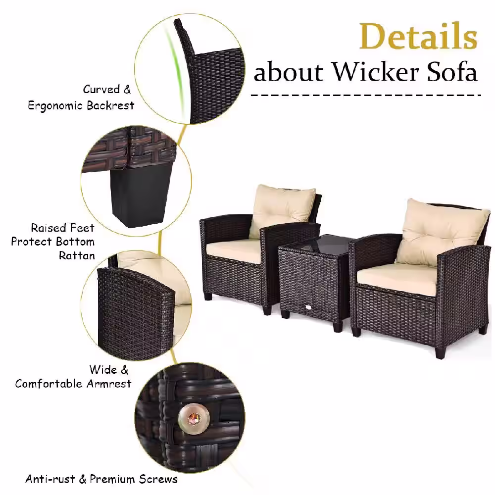 Costway 3-Piece Rattan Wicker Patio Conversation Set Sofa Coffee Table with Yellowish Cushions
