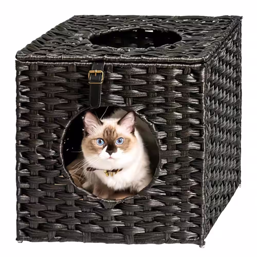 Foobrues Rattan Cat Litter Cat Bed Cat House in Black
